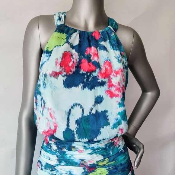 UNGARO Maureen Halter Maxi Dress M  Floral Blue Multi Ruched Waist Sleeveless - Picture 3 of 16